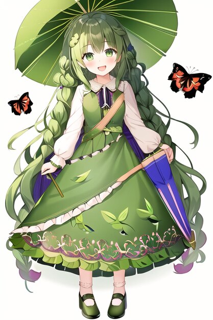 A cartoon of a girl with a green dress and a butterfly on her chest