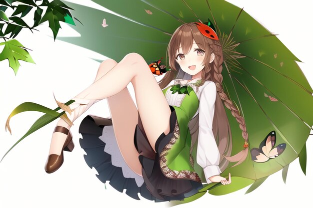 A cartoon girl with a green dress and a green skirt with a butterfly on her chest