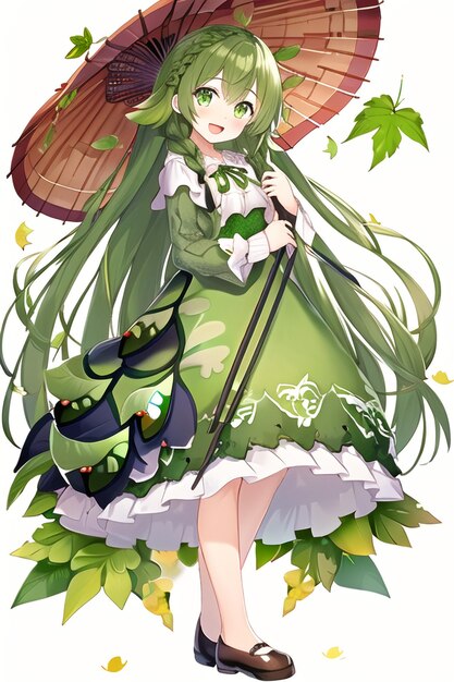 A cartoon of a girl with a green dress and a hat with a large wicker hat.