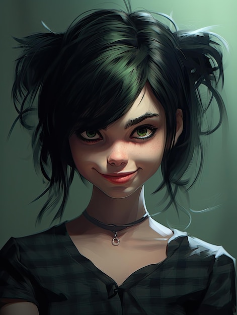 a cartoon girl with green eyes