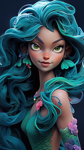 A cartoon girl with green hair and a blue hair.