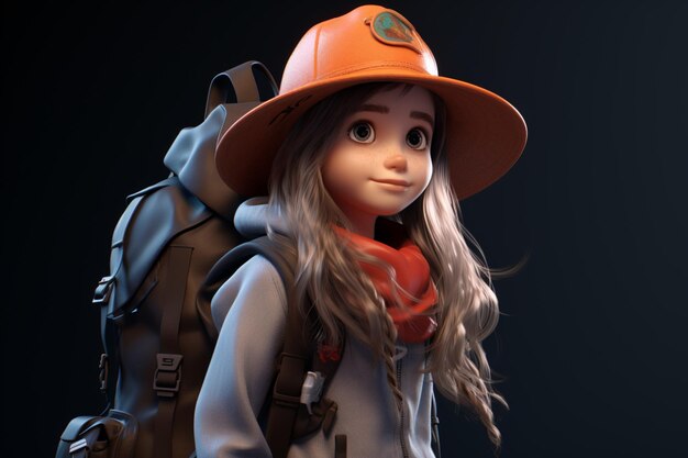 Photo cartoon girl with a hat and a backpack