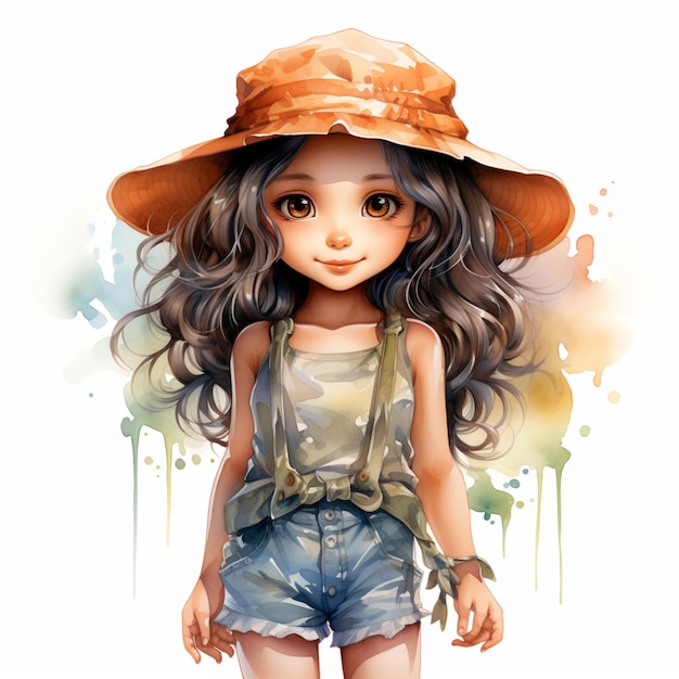 Photo cartoon girl with hat and overalls standing in front of a watercolor background generative ai