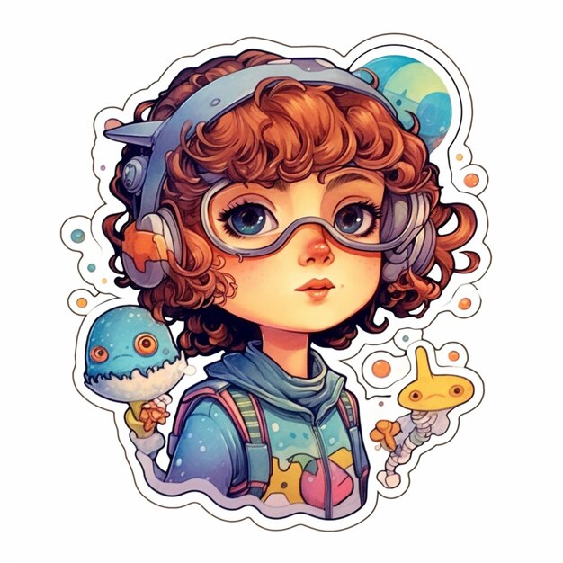 A cartoon girl with headphones and a pair of glasses holding a toy generative ai