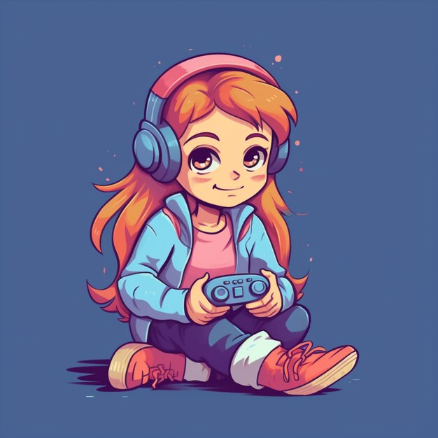 Photo cartoon girl with headphones sitting on the ground playing a video game generative ai