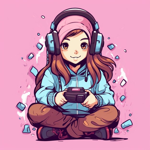 a cartoon girl with headphones sitting on the ground playing a video game generative ai