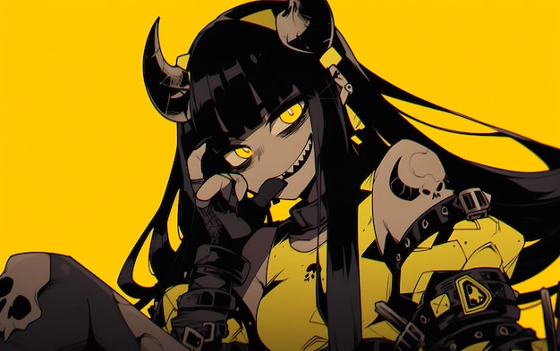 a cartoon of a girl with horns and a yellow background