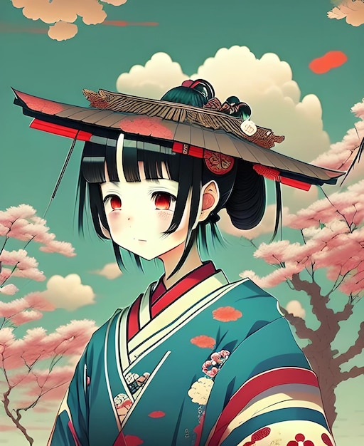 A cartoon girl with a japanese hat on her head