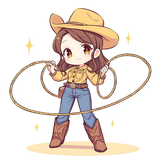 Photo a cartoon of a girl with a lasso and cowboy hat
