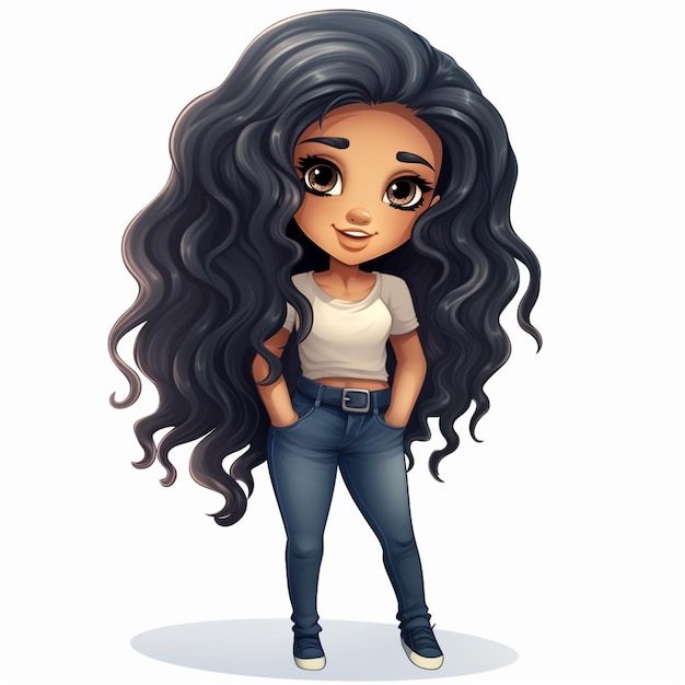 Photo cartoon girl with long black hair and jeans standing with her hands in her pockets generative ai