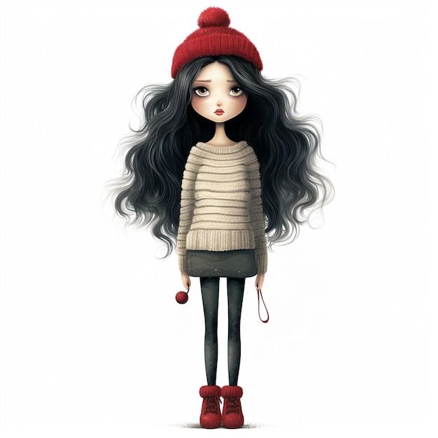 cartoon girl with long black hair wearing a red hat and sweater generative ai