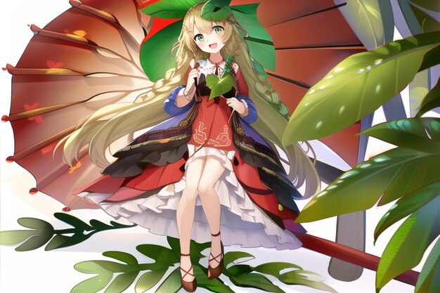 A cartoon of a girl with long blonde hair and a red umbrella with a green leaf on it.