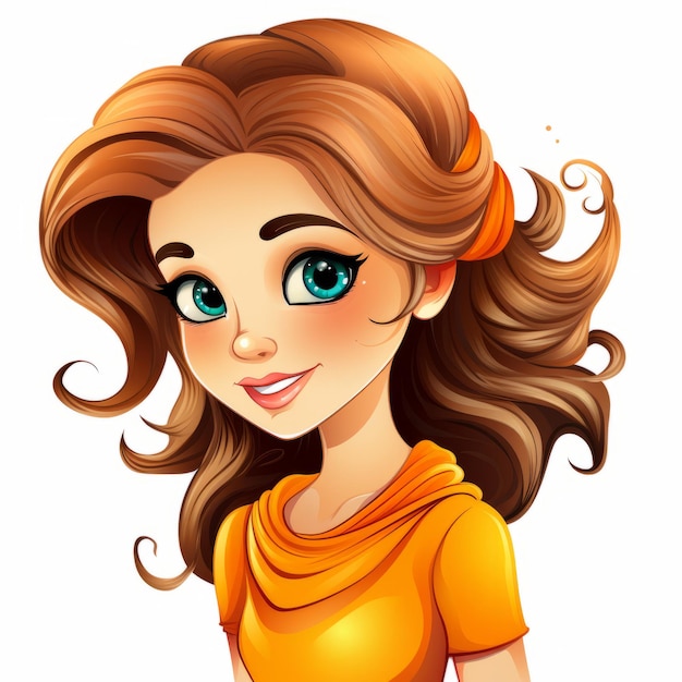 Photo a cartoon girl with long brown hair and an orange shirt