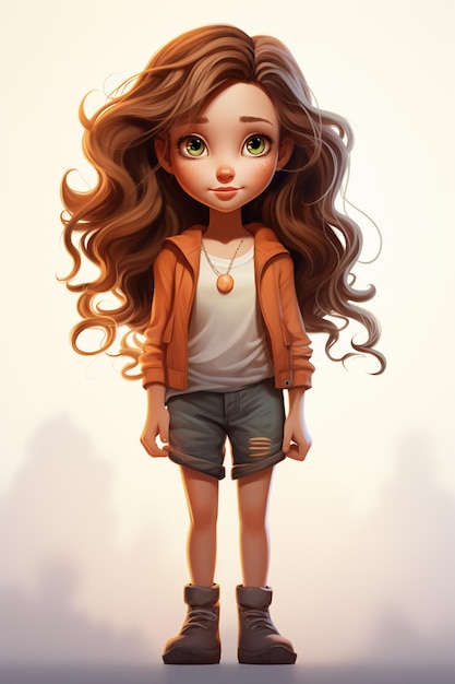 cartoon girl with long brown hair and a white shirt generative ai