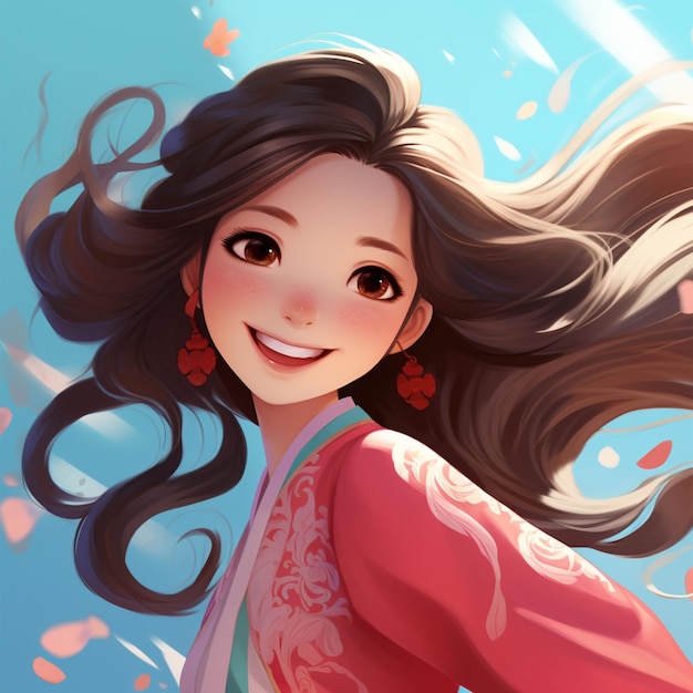 cartoon of a girl with long flowing down hair in traditional chinese dress smiling happily