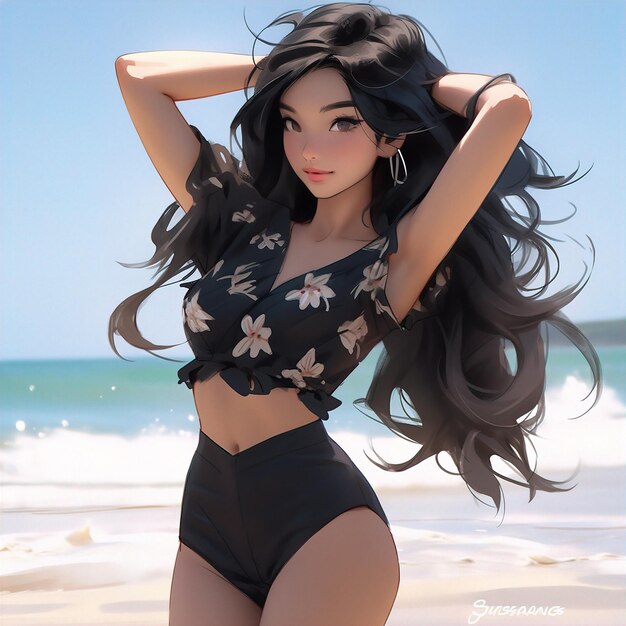 A cartoon girl with long hair on the beach