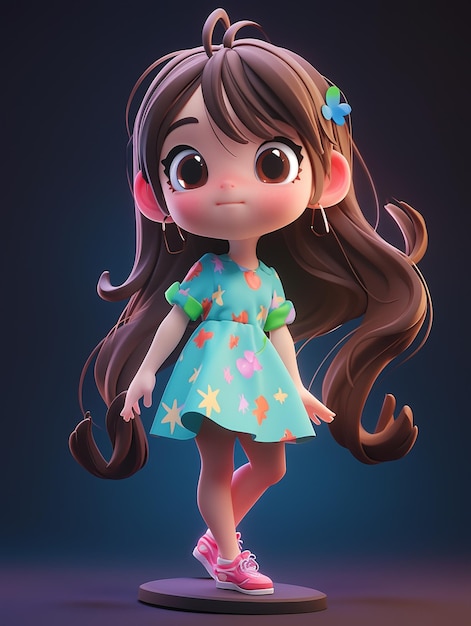 cartoon girl with long hair and a blue dress standing on a pedestal generative ai