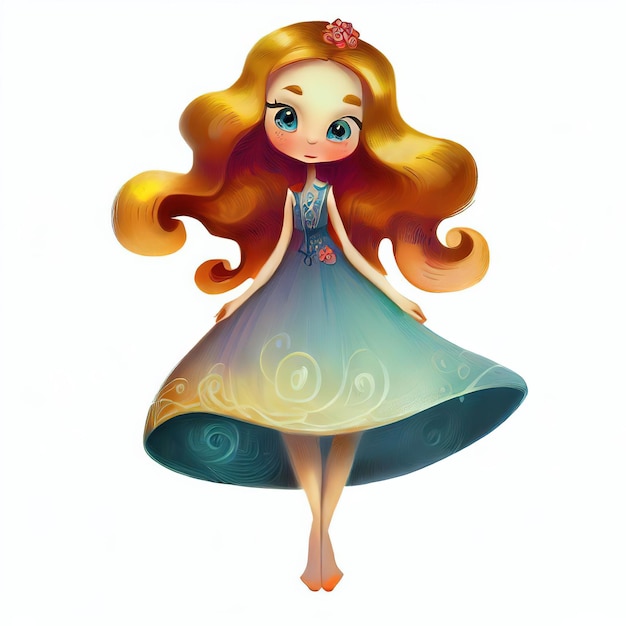 A cartoon of a girl with long hair and a blue dress with a flower on it.