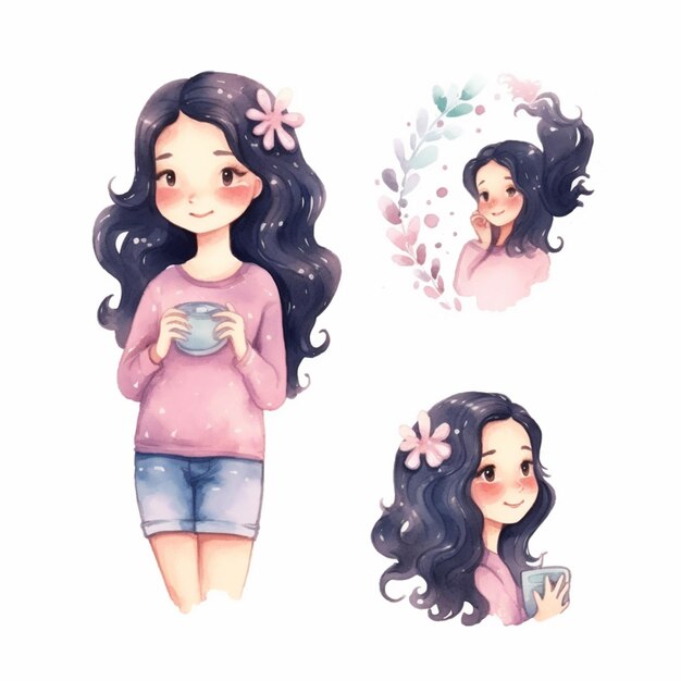 Photo cartoon girl with long hair and pink sweater holding a cup generative ai