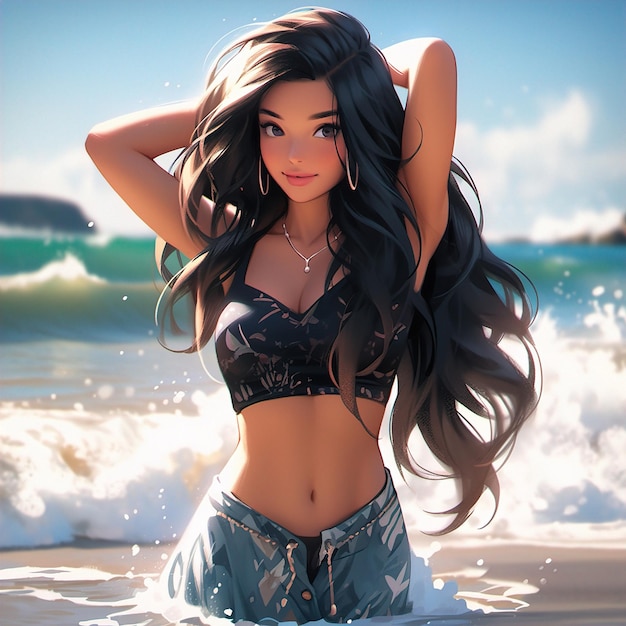 A cartoon girl with long hair sits in the water