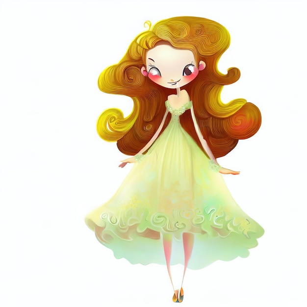 A cartoon of a girl with long hair in a yellow dress.