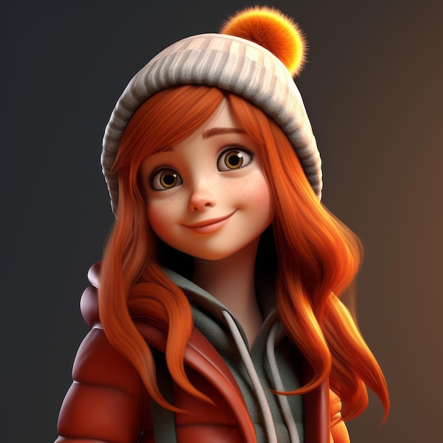 a cartoon girl with long red hair wearing a winter hat