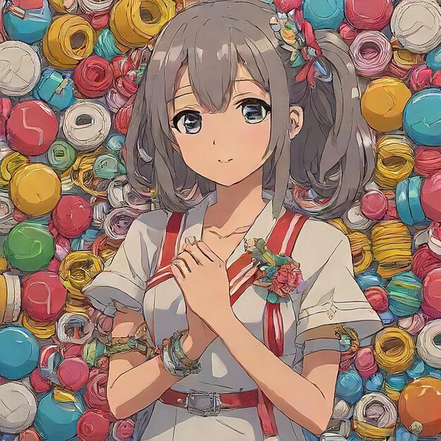 Photo a cartoon of a girl with a lot of different colored spools