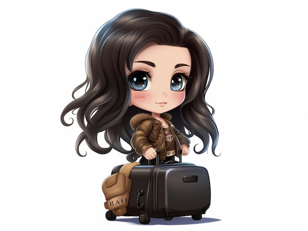 Photo cartoon girl with luggage sitting on the ground generative ai