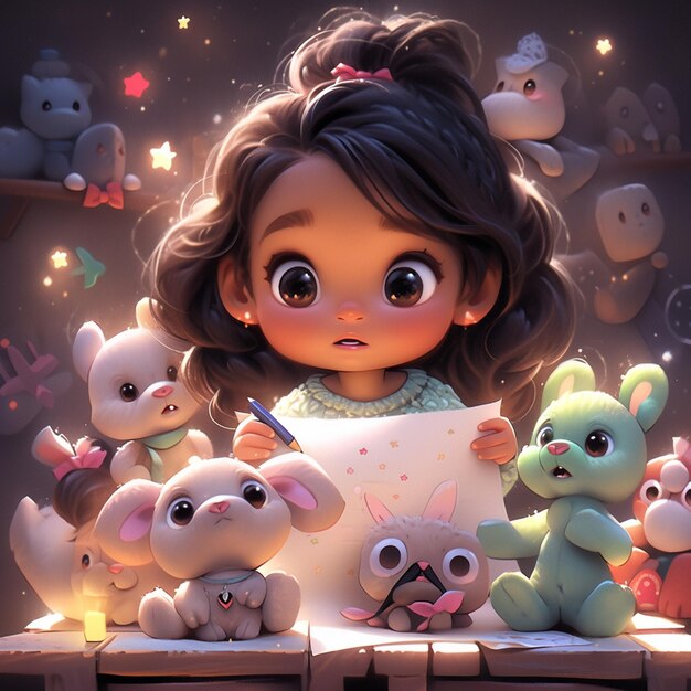 Cartoon girl with many stuffed animals and a notepad in front of her generative ai