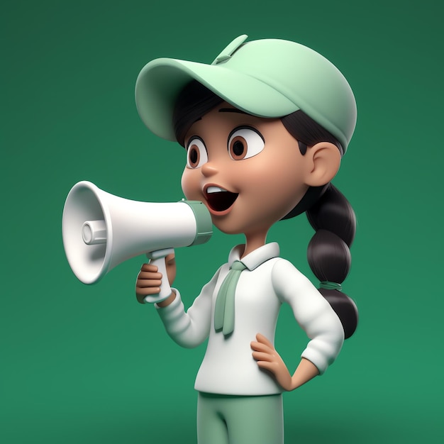 A cartoon girl with a megaphone is speaking into a microphone.