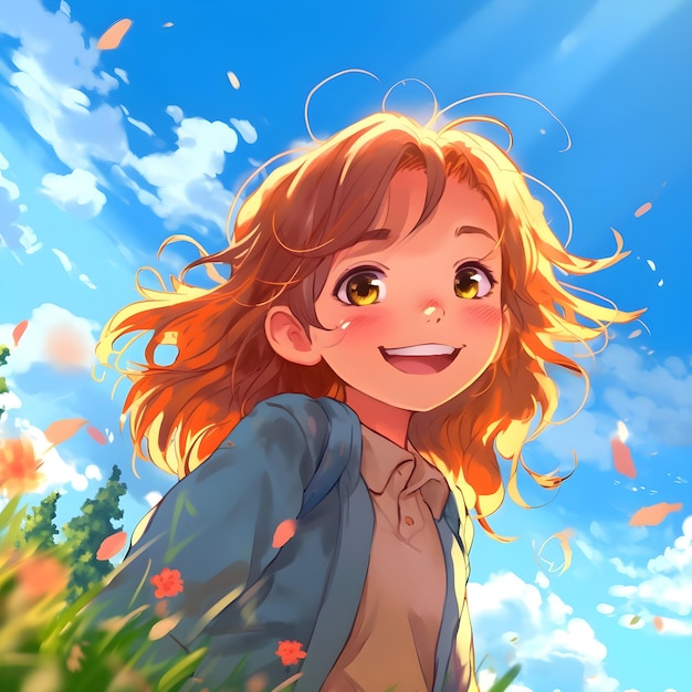 A cartoon girl with orange hair and a blue sky with clouds and flowers.