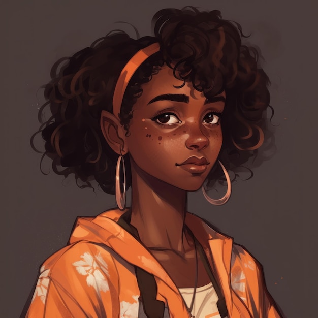 A cartoon of a girl with a orange hoodie and a flower on her head.