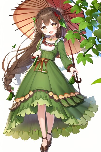 A cartoon girl with a parasol and a green dress