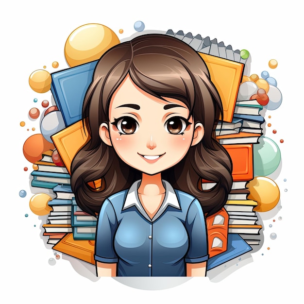 A cartoon girl with a pile of books behind her generative ai image
