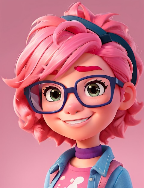 Мультяшная девочка с розовыми волосами и очками