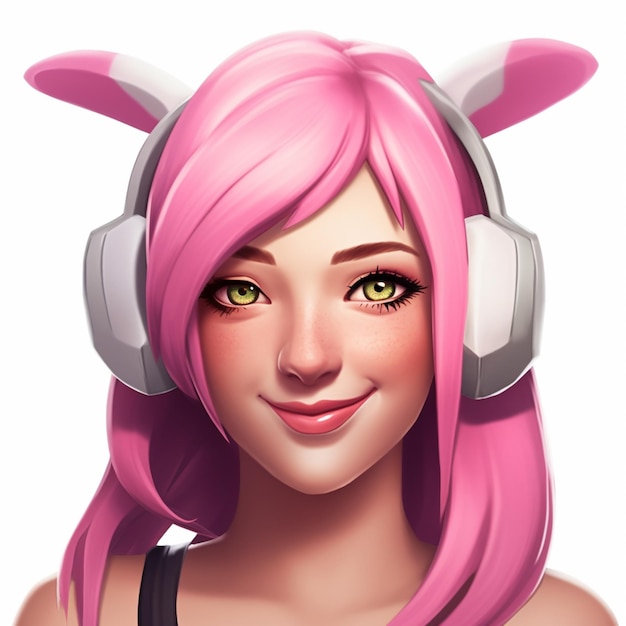 Cartoon girl with pink hair and headphones on generative ai