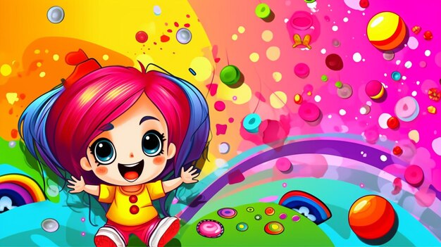 Cartoon girl with pink hair and rainbows running through a field generative ai