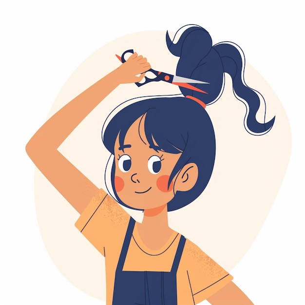 Photo cartoon girl with ponytail holding scissors in her hair generative ai