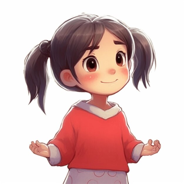 a cartoon girl with ponytails and a red sweater is standing generative ai