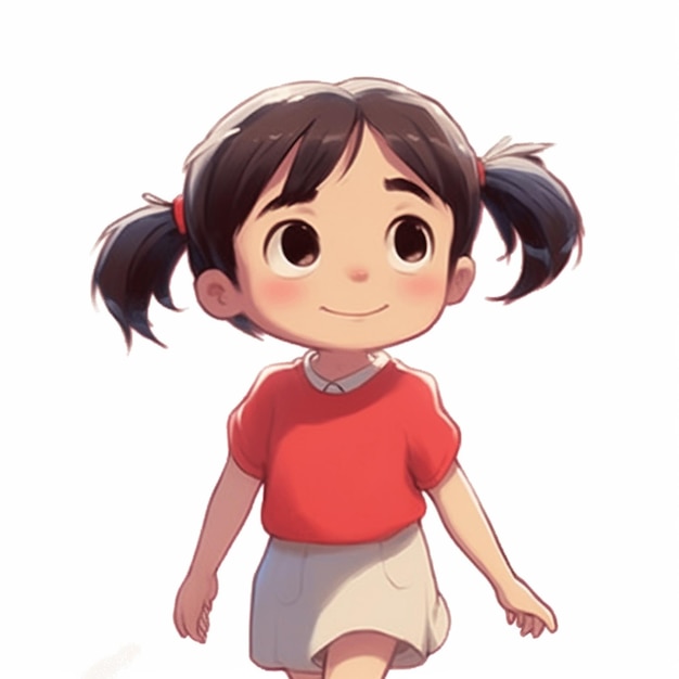 Photo cartoon girl with ponytails walking and wearing a red shirt generative ai