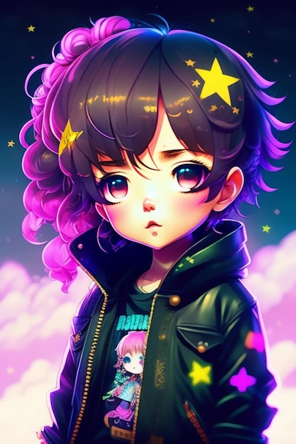 A cartoon of a girl with purple hair and a black jacket with a star on the front.