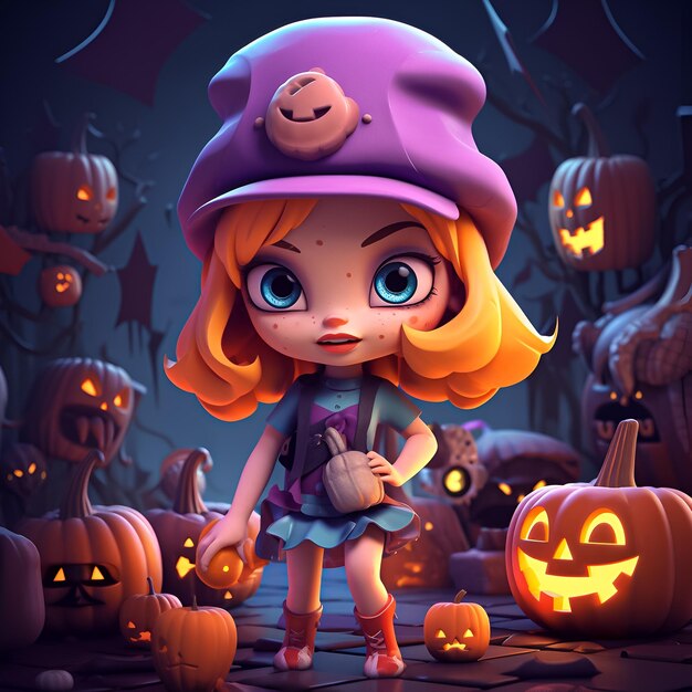 A cartoon girl with a purple hat and a purple hat with a pumpkin on it