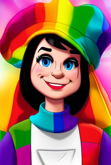 Photo a cartoon of a girl with a rainbow hat on