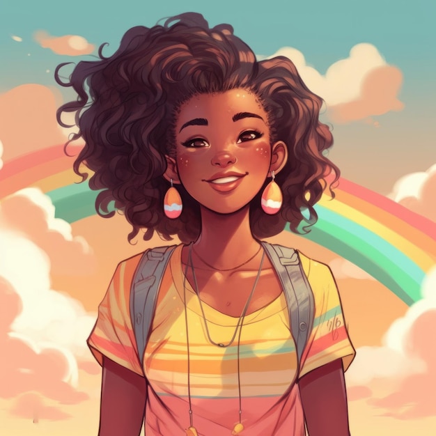 A cartoon of a girl with a rainbow on her shirt
