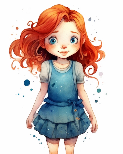 cartoon girl with red hair and blue dress standing in front of a white background generative ai