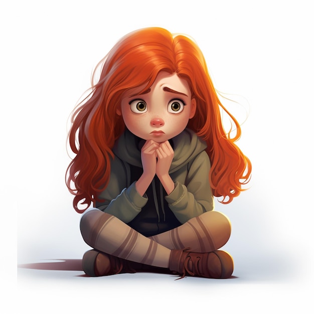 Photo cartoon girl with red hair sitting on the floor with her hands on her chin generative ai