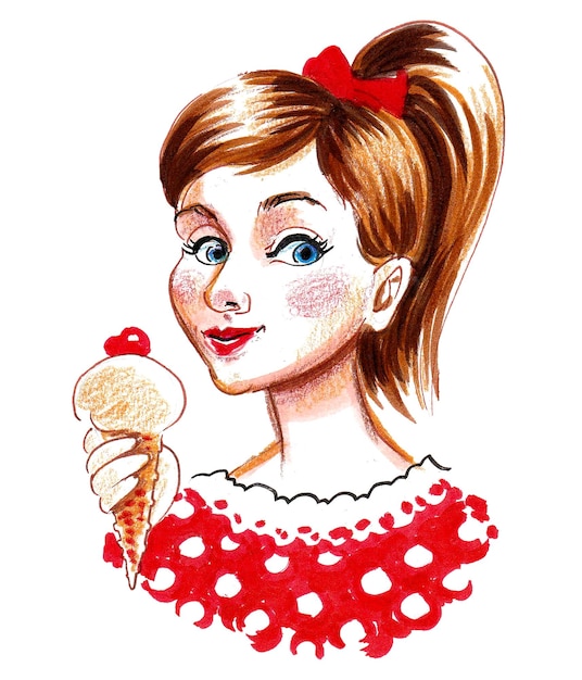 Мультяшная девочка в красном платье в горошек держит рожок мороженого.
