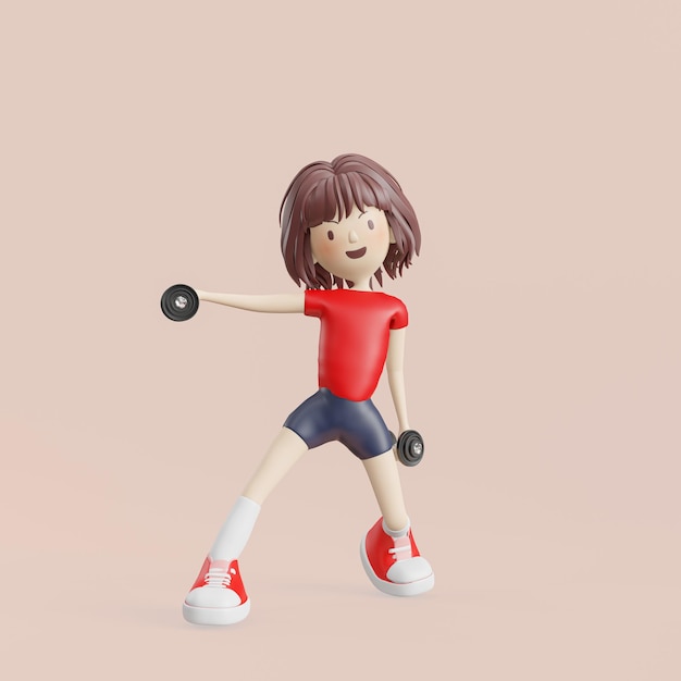 A cartoon of a girl with a red shirt and blue shorts