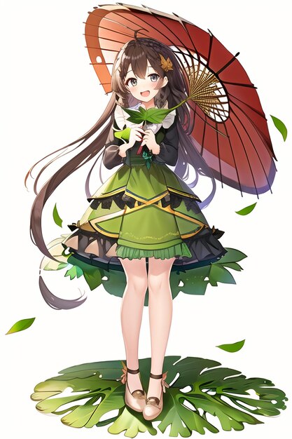 A cartoon girl with a red umbrella and green dress