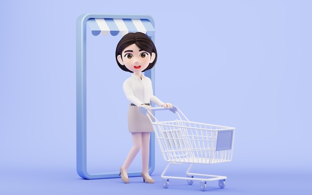 Cartoon girl with shopping cart 3d rendering